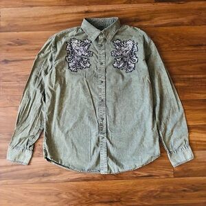 Y2K Affliction Olive Green Long Sleeve Button Down Men’s Size XXL